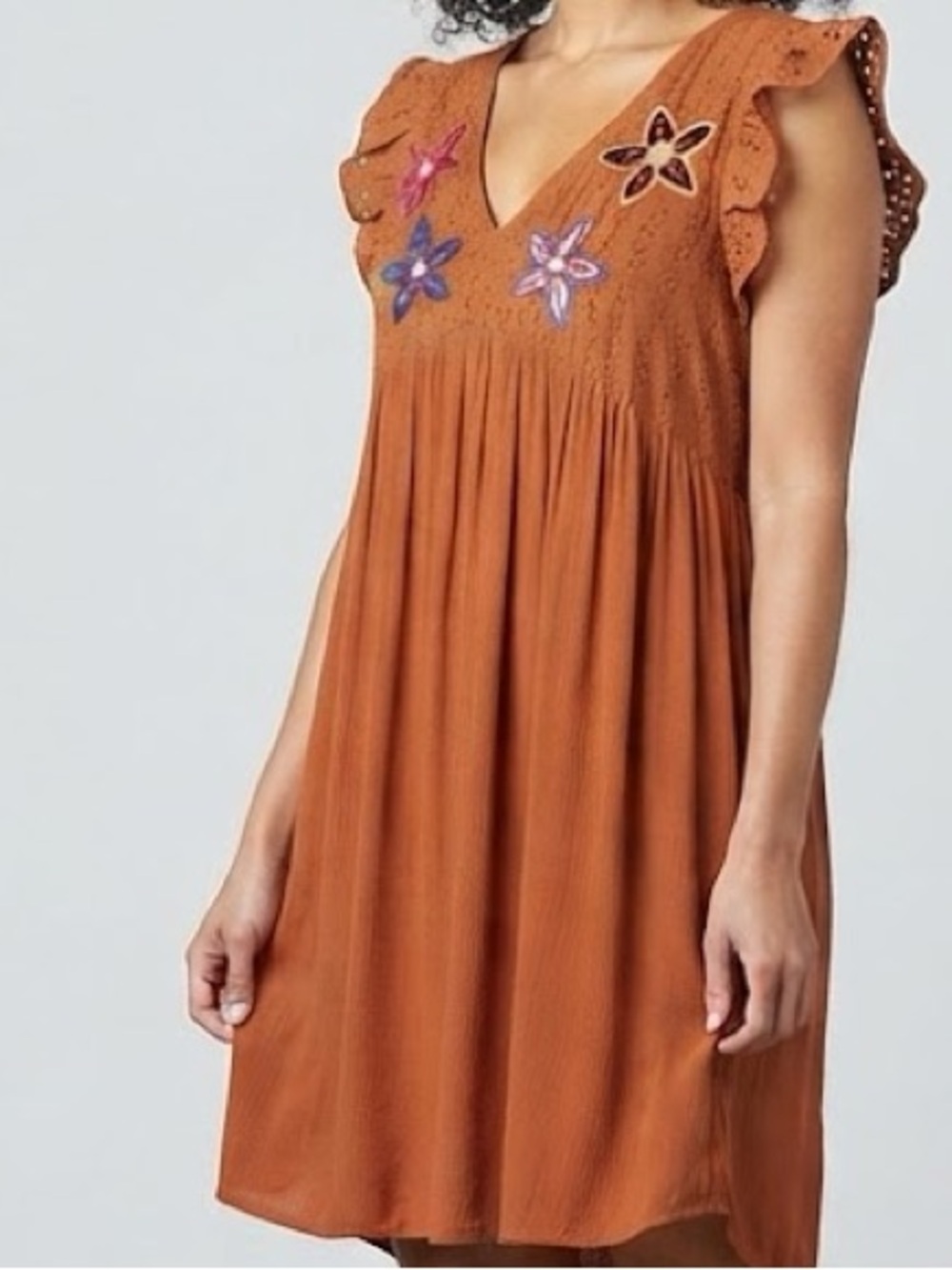 IVY Rustic Orange Flutter Sleeve V-Neck Eyelet Embroidered Dress
